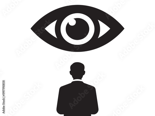 Big Brother Surveillance Eye Watching Journalist Press Censorship. Suitable for Press freedom, Censorship, Journalism, May 3, World Press Freedom Day.