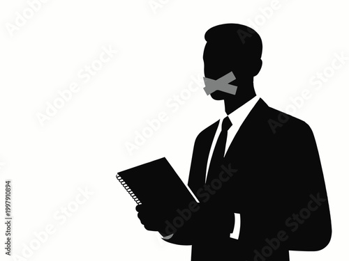 Silhouette Journalist with Taped Mouth Holding Notebook Censorship Concept. Suitable for Press freedom, Censorship, Journalism, May 3, World Press Freedom Day.