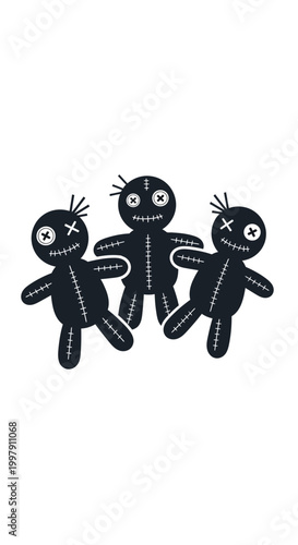 Three Black Voodoo Dolls with X Eyes and Stitched Mouths on White Background