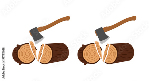 Two axes chopping logs in half, wood splitting, deforestation concept