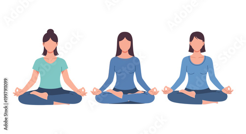 Three women meditating in lotus pose, practicing yoga and mindfulness for relaxation