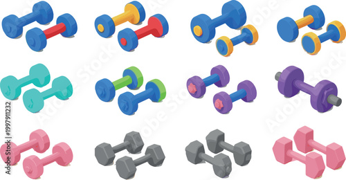 Colorful dumbbell vector collection featuring various gym weights styles isolated on light background for fitness workout training and sports design