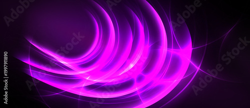 Bright purple abstract lines swirl against black background. Dynamic energy radiates from central focal point. Vivid, modern design.