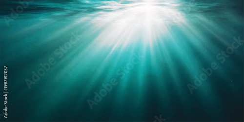 Deep blue underwater world loop featuring bright sunlight rays bursting through the sea surface to create a serene nature background wallpaper