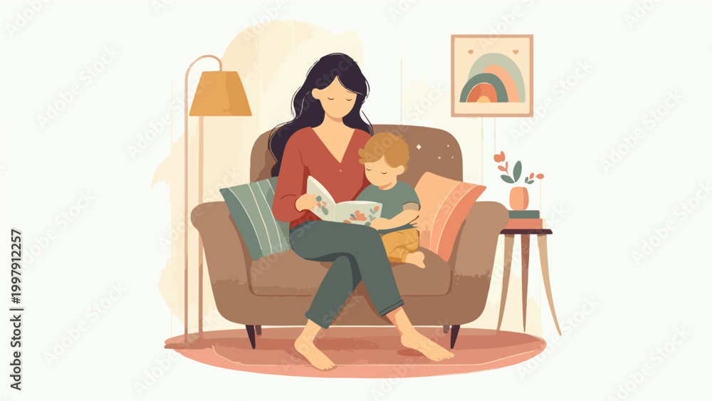 Fototapeta premium Mother and Son Reading a Book Together on a Cozy Sofa in a Warm Living Room, Mother's Day