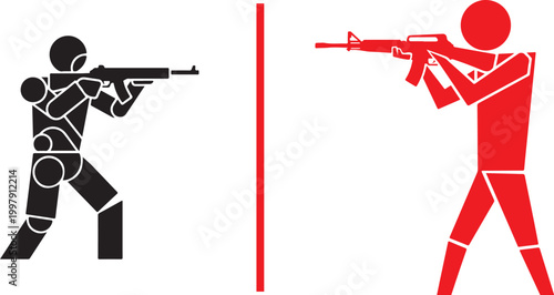 Two stick figures with rifles aiming across a red line on white background
