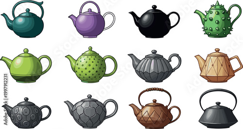 Decorative teapot vector collection featuring colorful ceramic and metal kettles in unique designs isolated on light background for kitchen use
