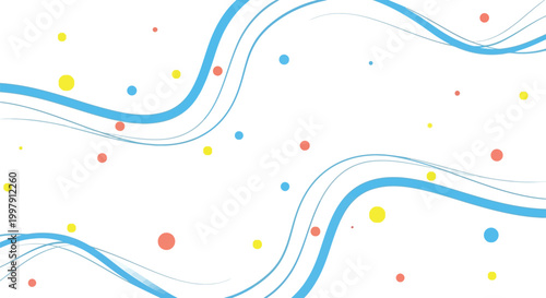 Vibrant blue flowing lines arranged in dynamic patterns across a clean white backdrop with scattered colorful circles creating an abstract modern design for creative artistic backgrounds