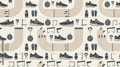 Patterned display of athletic shoes and gym equipment in a seamless training motif for sports enthusiasts.