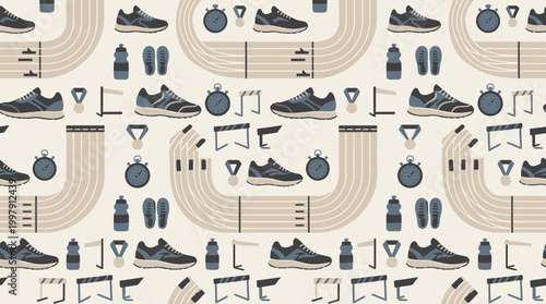 Patterned sports equipment and fitness icons arranged in a repeated athletic motif.