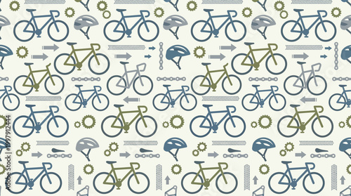 Seamless bicycle pattern with blue, gray, and teal icons for design, textiles, and background decor.