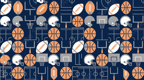 Dynamic seamless pattern featuring basketballs, hoops and backboards for sports design and decoration.