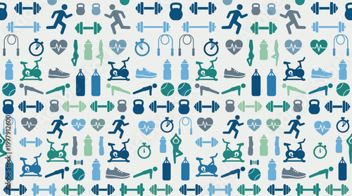 Pattern of diverse athletic icons depicting active sports and movements in blue and green.