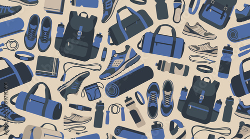 Assorted blue bags and accessories arranged in a repeating pattern.