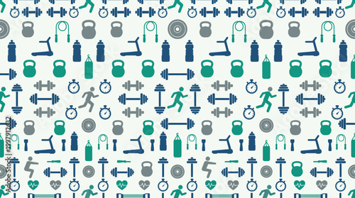 Seamless geometric pattern of tech icons and tools in blue and teal for graphic design and backgrounds.