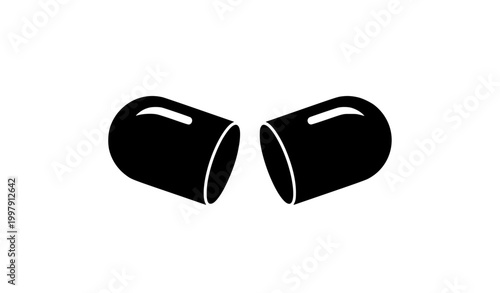 Black Open Capsule Pill Icon Split in Half for Medicine and Pharmacy Concept
