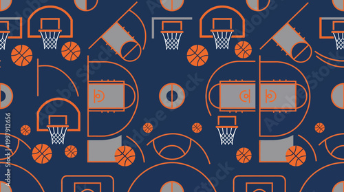 Dynamic basketball court pattern featuring hoops, balls, and players in action.