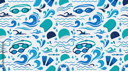 Seamless ocean wave pattern in blue and teal with abstract swirls and geometric shapes.