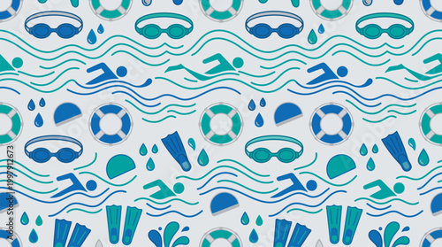Abstract pattern featuring swim goggles, cap, and waves in blue tones for aquatic design.
