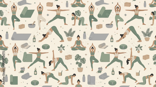 Pastel Pattern of People Practicing Yoga and Fitness in Various Poses.