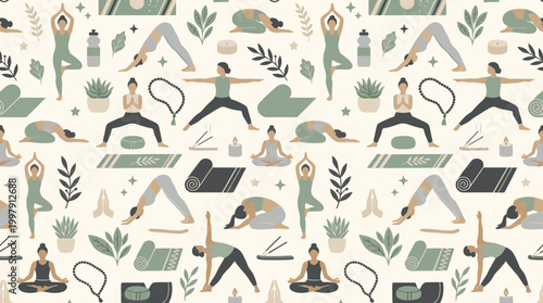 Seamless pattern featuring people practicing yoga and meditation in calm poses.