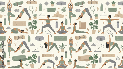 Unified pattern of yoga poses and meditation figures in a calming, nature inspired series.