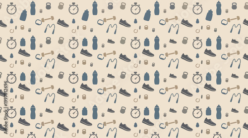 Seamless pattern of cups, bottles, leaves and kitchen motifs in warm beige tones.