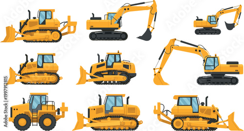 Excavator and bulldozer vector set featuring heavy construction machinery vehicles isolated on light background for industrial and building design