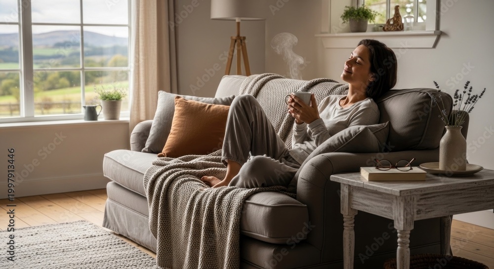 Naklejka premium A woman in pajamas sitting on a couch with a cup of coffee, enjoying the view from a window with a scenic landscape outside.