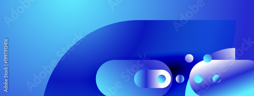 Abstract blue shapes create dynamic composition. Gradient shades suggest depth, light, movement. Modern design element.