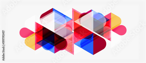 Abstract geometric shapes overlap, creating vibrant color blends. Composition features translucent layers, dynamic angles, modern design.