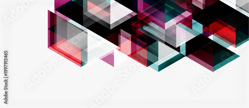 Abstract geometric shapes overlap, creating dynamic composition. Red, gray, purple hues dominate white background. Modern design element.