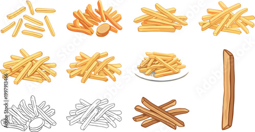 French fries vector set featuring crispy potato sticks in different styles isolated on light background for fast food and snack design