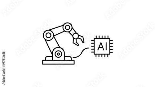Tableau sur toile Robotics and Artificial Intelligence Editable Stroke Vector Icon Illustration Featuring a Minimalist Black Line Robotic Arm Connected to an AI Microchip on a White Background for Tech Projects