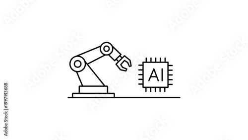 Konstfotografi Sleek robotic arm and AI chip minimalist black line vector icon on white background