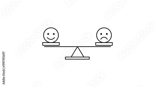 Sentiment Analysis and Emotional Balance Minimalist Black Line Vector Icon with Editable Stroke. Features Happy and Sad Faces on a Balance Scale for Customer Feedback, Psychology, and Mood.