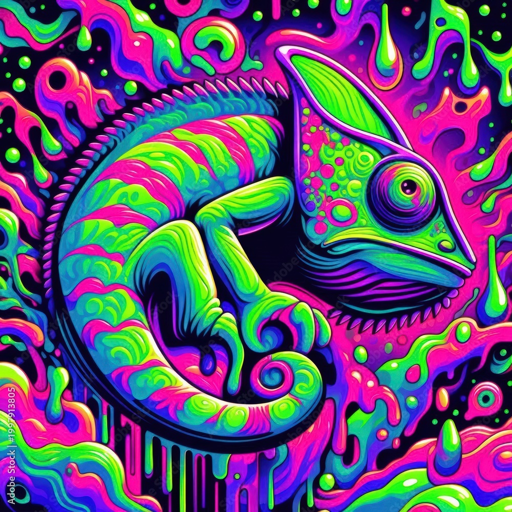 Fototapeta premium Vivid psychedelic chameleon with vibrant colors and surreal abstract background in a modern art style