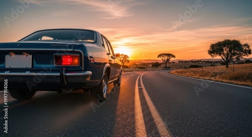 A vintage blue sedan driving down a winding road at sunset, with the sun setting behind a tree on the right side of the road.