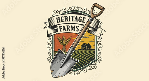 Heritage Farms Agricultural Emblem with Shovel and Barn