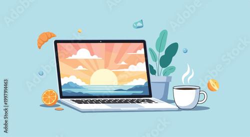 A serene scene with a laptop showing a sunny beach