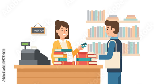 Schilderij op canvas A man and woman exchanging books for payment