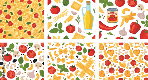 Italian food seamless patterns collection with pasta vegetables tomatoes olive oil and herbs colorful background illustration set