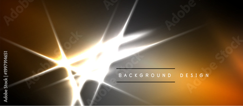 Abstract light flares radiate from center. Orange, white hues dominate dark background. Design suggests energy, motion, depth.