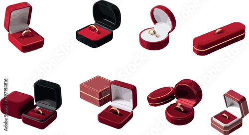 Jewelry box vector collection featuring ring cases in red and black with luxury design isolated on light background for wedding use