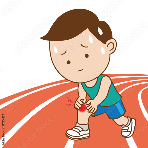 Runner with knee pain at track field, illustration cartoon on white background
