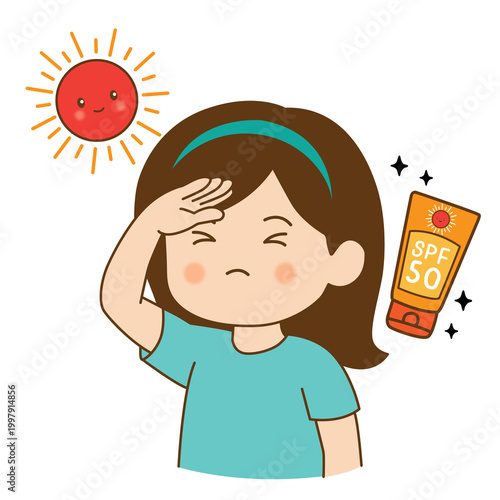Woman applying sunscreen under the sun, illustration cartoon on white background