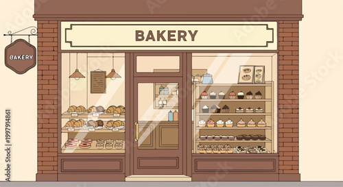 A charming bakery storefront with various pastries
