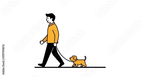 A man walking a small dog on a leash, wearing a yellow sweater and black pants, with a brown dog on a leash, walking on a white background with a small brown dog.
