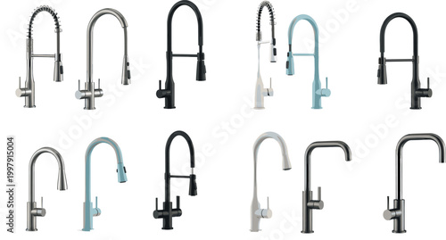 Konstfotografi Kitchen faucet vector set featuring modern sink taps in various styles isolated