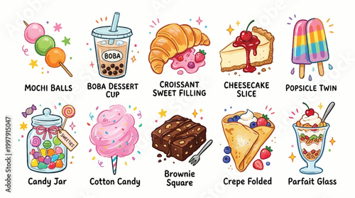 A vibrant and colorful illustration showcasing a delightful assortment of sweet treats and desserts, perfect for a bakery or dessert shop.